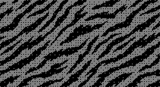 Seamless black and white tiger stripe pattern with halftone effect, dither