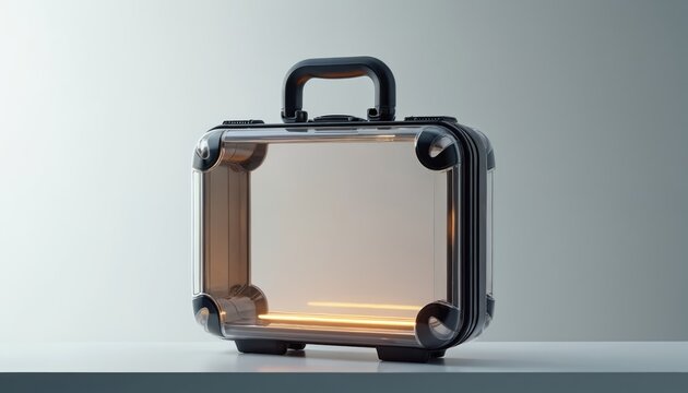 Transparent plastic carry-on suitcase with handle sits on white table. Modern luggage with clear body and dark frame. Minimalist travel case with orange glow inside.
