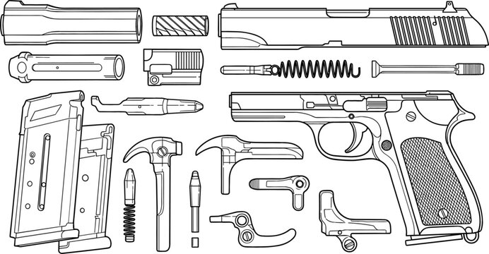 Pistol Disassembly Parts Icon Set with Slide, Barrel, Magazine, Spring, Trigger, Hammer, and Frame for Firearms, Military, and Gun Maintenance Designs