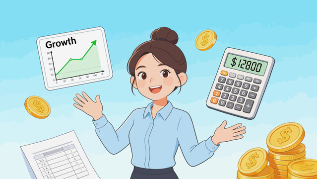 Business woman with growth chart calculator and coins