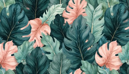 Obraz premium Tropical leaves pattern in shades of green teal and rose. Lush jungle foliage dense plant growth background for decor print textile wallpaper.