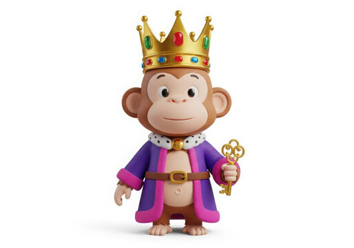 A cartoon monkey character dressed as a regal king with a crown and royal robes