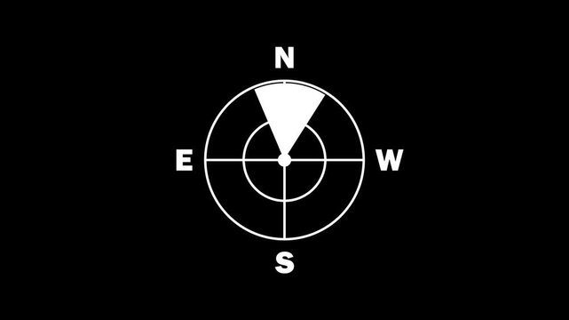 White compass rose graphic featuring cardinal directions (north, south, east, and west) and directional points, isolated on a black background. Ideal for navigation and exploration concepts.