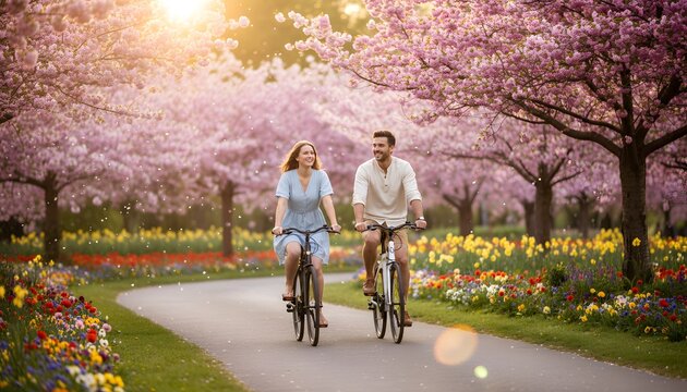 Happy couple riding bikes through a blooming park with cherry blossoms and tulips during sunset, representing a romantic spring date and healthy outdoor lifestyle concept