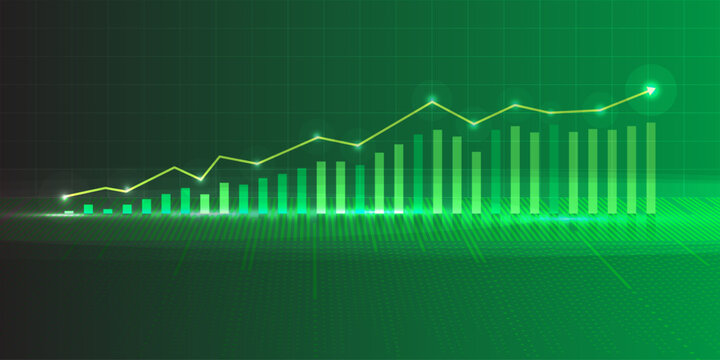 Business financial growth chart with green rising arrow and bar graph. Abstract technology background representing data analytics, stock market success, and economic profit increase.
