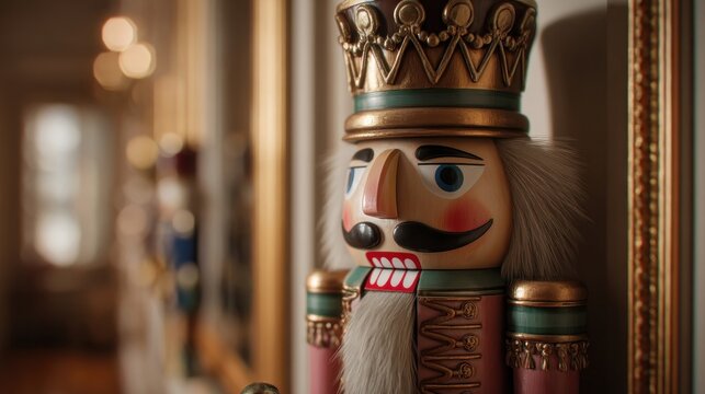 A detailed shot of a nutcracker standing guard on a mantelpiece,