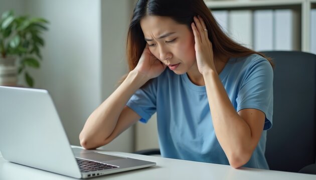 Asian woman feels headache and stress. She sits at a desk with a laptop, holding her temples. Her face shows discomfort from prolonged computer use.