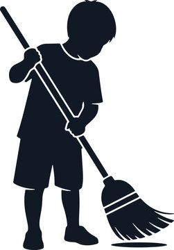 Child sweeping floor with broom, cleaning and chores, helping with housework.