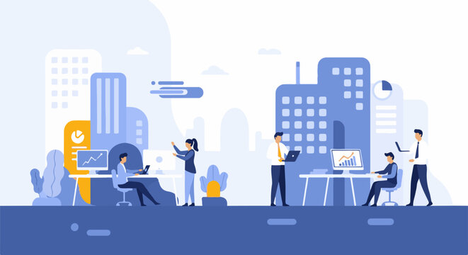 Modern office scene with people working and city buildings in the background