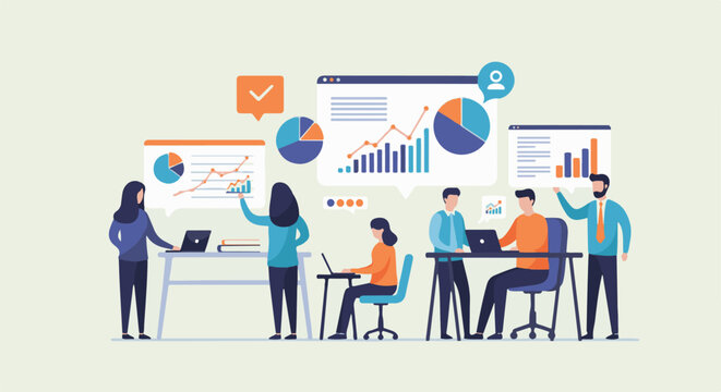 Diverse professionals collaborate on charts and data analysis, using laptops and visual aids