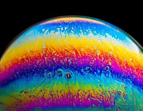 Close-up of a rainbow iridescent soap bubble surface texture with holographic colors, a dreamlike macro abstract