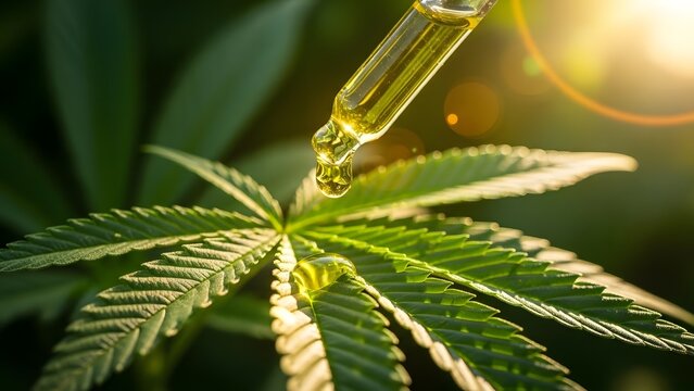 Cannabis oil drop falling from pipette onto green hemp leaf in sunlight natural alternative medicine and CBD wellness concept