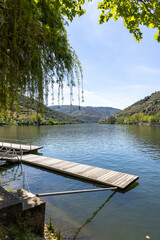 Fototapeta premium Douro river valley landscape with a wooden pier