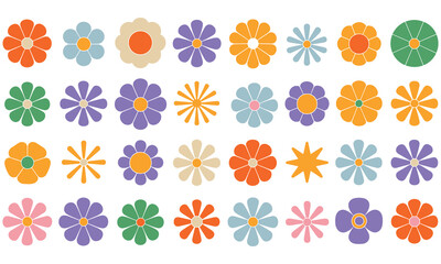 Obraz premium Set of colorful retro flowers in flat vector illustration style for spring themes greeting cards and vibrant creative project design assets