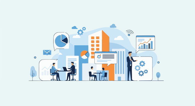 Flat illustration of office professionals collaborating amidst business charts and city buildings