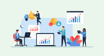 Fototapeta premium Diverse individuals collaborate, analyze data, and present growth trends in a modern digital workspace