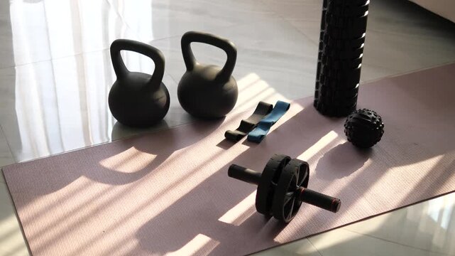 Home workout equipment set including kettlebells, ab roller, and foam roller on yoga mat with morning sunlight shadows for fitness and wellness concept