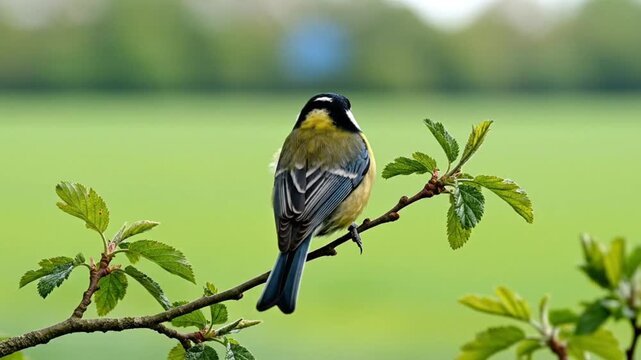 Back view of a vibrant great tit bird perched on a branch, observing the green background, nature scene