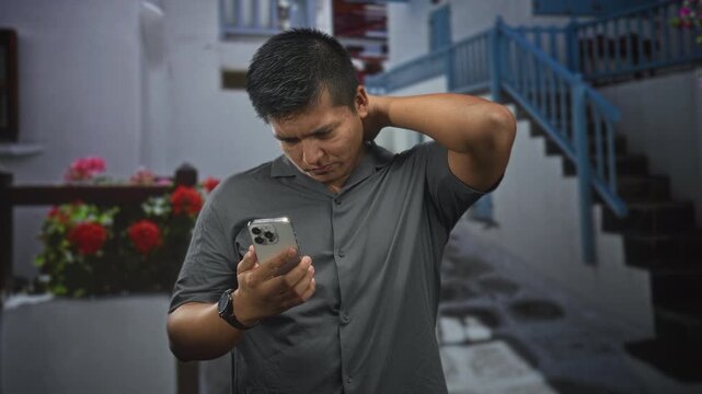 Young hispanic man holding smartphone with hand on neck, frowning while looking down at screen in a building stairway; concern reflection.