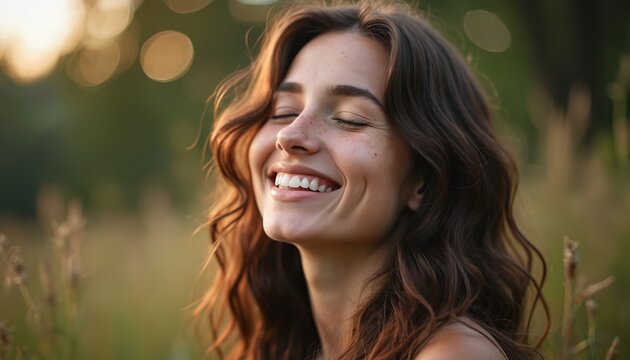 Young woman closes eyes, smiles happily in natural outdoor setting. Soft sunlight illuminates her face, showing freckles and dimples. She embodies pure joy, freedom and peaceful contentment.