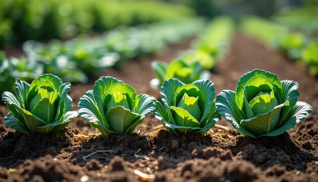 Four young cabbages grow in neat rows on fertile soil. Vibrant green leaves form compact heads. Healthy plants cultivated in a sunny garden patch. Fresh produce matures for harvesting.