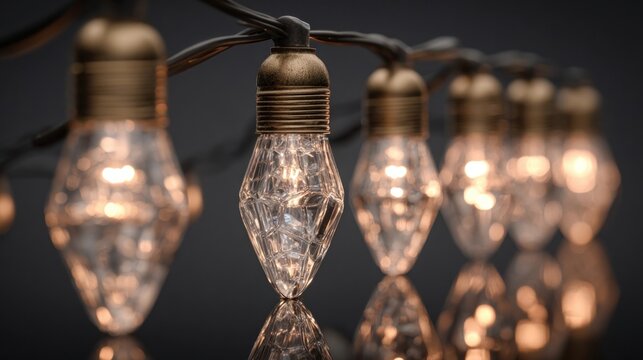 A detailed shot of a string of classic C9 incandescent Christmas lights, the glass bulbs reflecting their own bright glow,