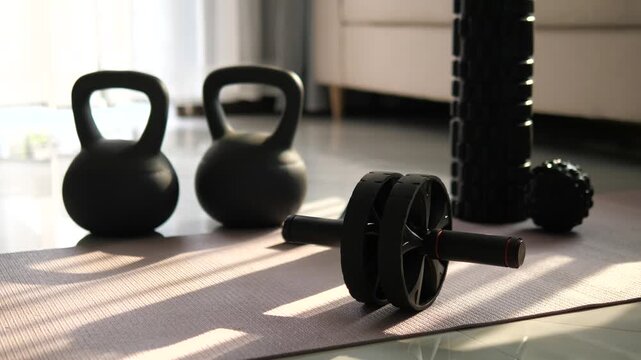 Home workout equipment set including kettlebells, ab roller, and foam roller on yoga mat with morning sunlight shadows for fitness and wellness concept
