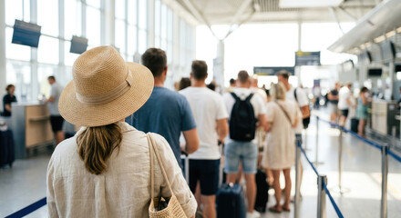 Fototapeta premium People in line at airport check-in counters