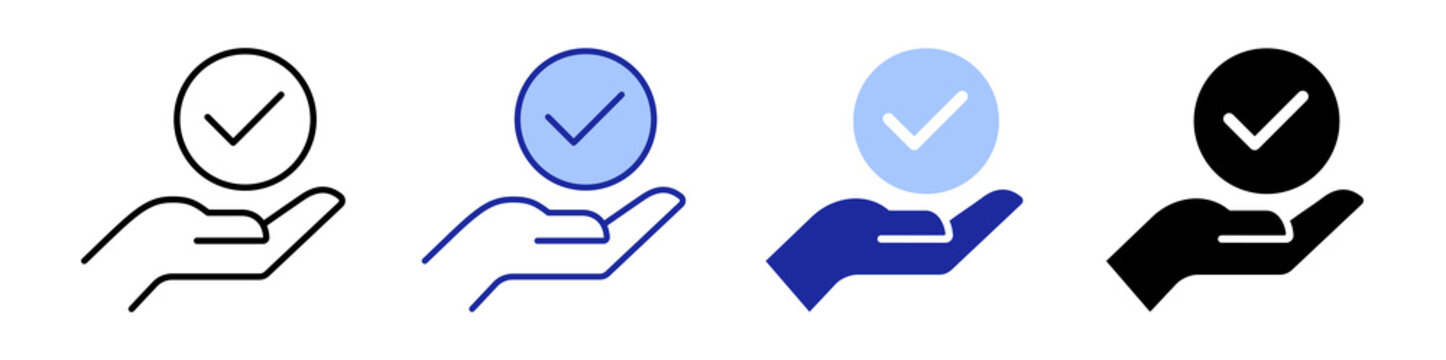 Approval Vector Icons with stylized hand holding check mark circle, Black and Blue outlined and flat style versions for validation, confirmation or approval designs