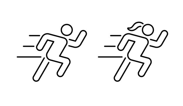 Set of outline icons of running fast Male and female. Full Vector symbol collection