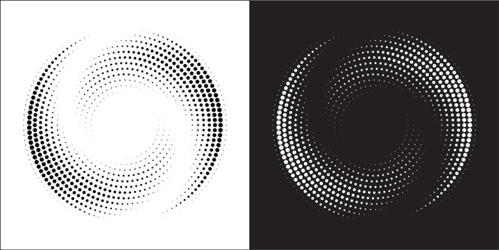 Halftone circle frame dotted set on White and Black background. Round halftone design decoration random circle dots vector texture. Grunge circular stain