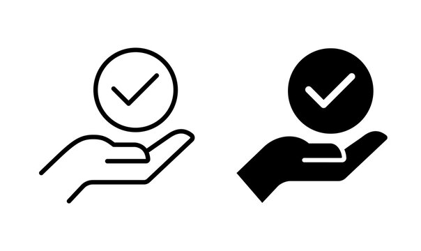 Approval Vector Icons with stylized hand holding check mark circle, outlined and flat style versions for validation, confirmation or approval designs