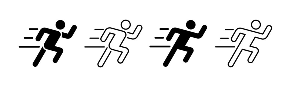 Running person icon in different styles for sport training, fitness apps, motivation and sport infographics content. Outline and flat style vector symbols collection