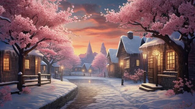 Snowy village with pink blossoms at sunset, cozy lights glow