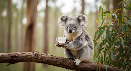 Fototapeta premium A curious koala perched on a tree branch amidst lush greenery