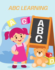 Obraz premium ABC Learning Flat Illustration for Kids with Girl, Blackboard and Alphabet Blocks
