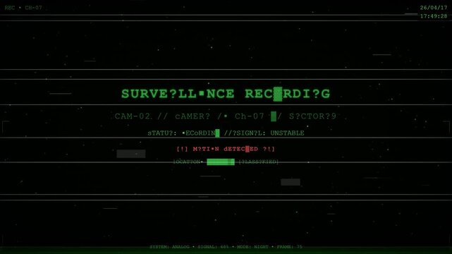 Hacker Terminal Screen with Surveillance Recording Glitch Animation.