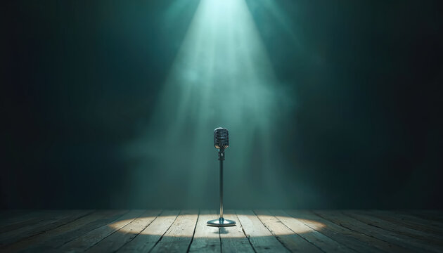 Retro microphone sits on wooden stage under dramatic spotlight beam. Empty scene creates atmosphere for performance music show. Speaker waits for cue. Sound check complete, ready for show.
