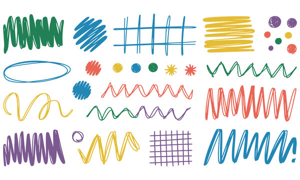 Collection of vibrant hand drawn scribble textures and doodle brush marks for modern graphic design and artistic digital art project backgrounds