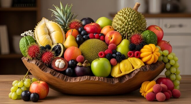Assorted Exotic Fruits in Wooden Bowl on Table
