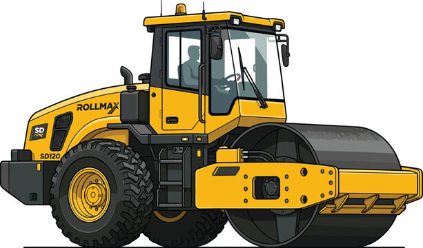 Single drum road roller compactor machine with heavy duty design for asphalt and soil compaction in construction vector illustration