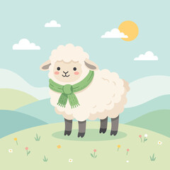 Fototapeta premium A cute cartoon sheep wearing a green scarf stands on a grassy hill with flowers under a sunny sky with clouds.