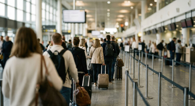 People in line at airport check-in counters