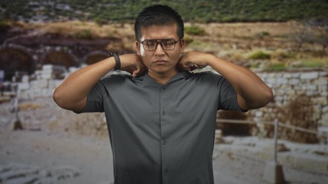 Man adjusts glasses and buttons shirt at a rope fenced stone building ruins with watch on wrist and serious face; quiet confidence reflection.