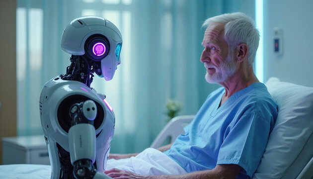 Elderly man in hospital bed converses with futuristic robot. Advanced AI helps with patient care. Medical technology provides support and monitoring.