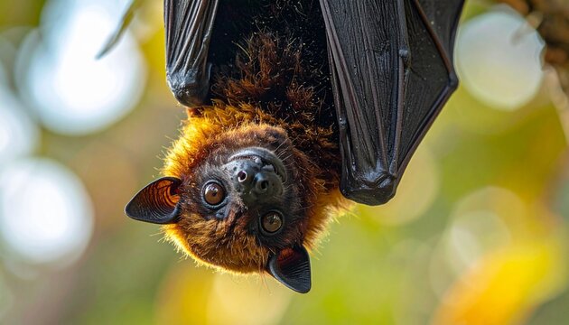 Fruit bat hanging upside down in a tree, close-up.