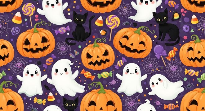 Adorable Halloween pattern with cute ghosts, black cats, pumpkins, candy, and spiders