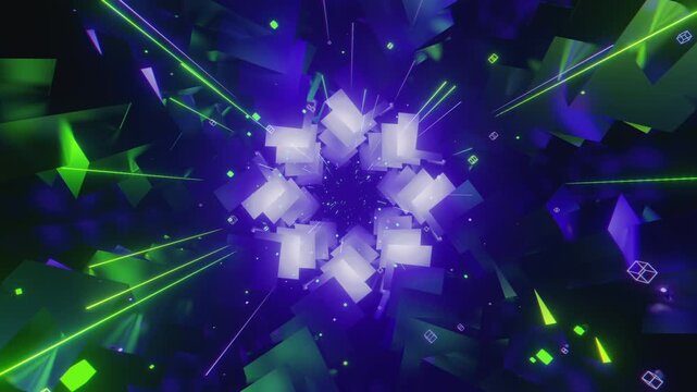 4k loop video of dynamic turquoise and lilac vj tunnel with interlocking geometric shapes and glowing energy for VJ sets, high-tech club visuals, music festivals, stage screens, LED video walls