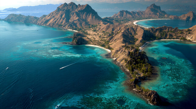 Stunning Aerial View of Padar Island in Komodo National Park Indonesia Featuring Rugged Volcanic Hills Turquoise Coral Reefs and Beautiful White Sand Beaches Surrounded by the Deep Blue Indian Ocean