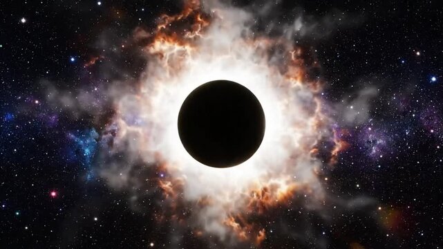 Epic solar eclipse with the cosmic corona surrounding the dark moon against starry nebula background space panorama